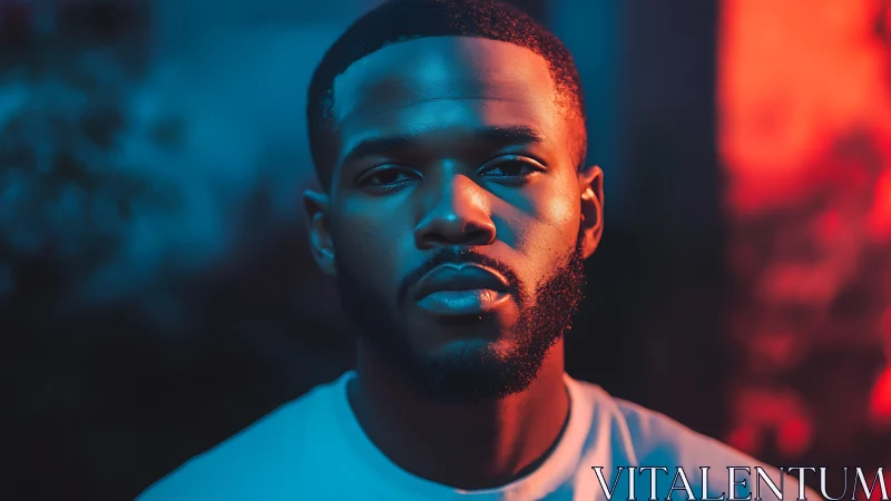 Moody portrait under neon blue and orange bokeh light.