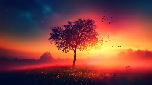 Lone tree on glowing meadow under vivid sunset sky.