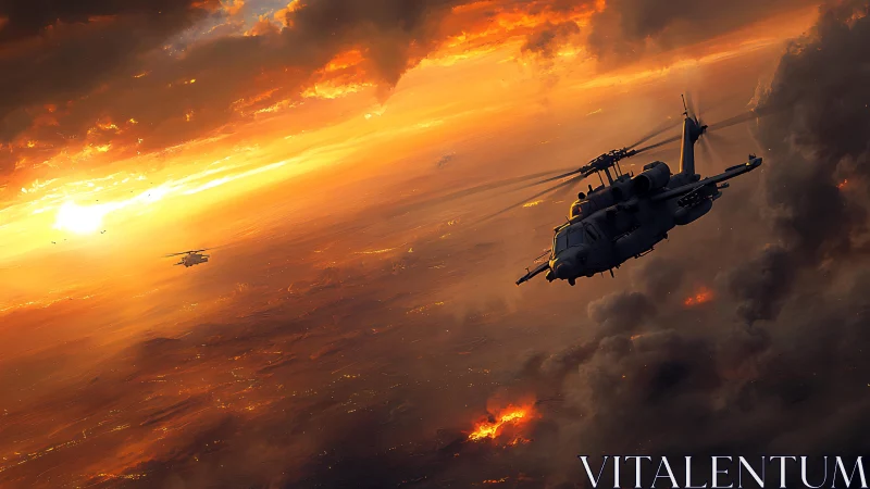 Military helicopters over burning landscape at sunset.