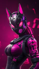 Neon cyber warrior in fox mask under magenta glow.