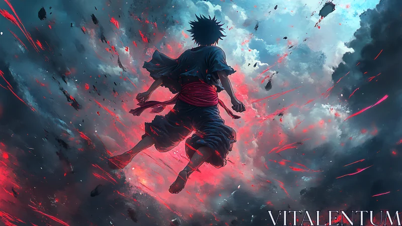 Anime warrior ascends through exploding storm clouds.