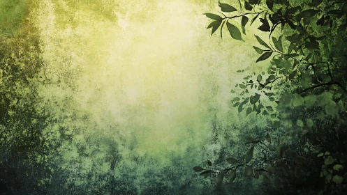 Nature's Textured Veil. Leafy branches frame golden light in grunge composition.