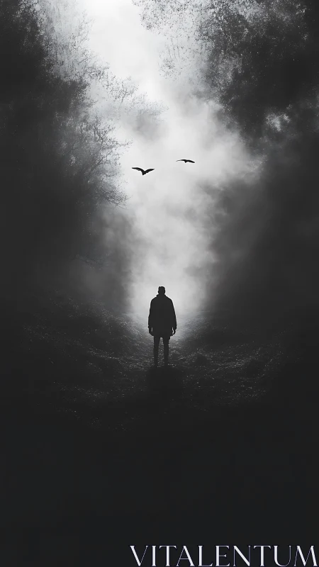 Lone wanderer meets silver fog where shadows learn to breathe.