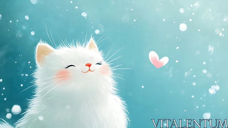 Adorable Fluffy White Cat with Happy Heart