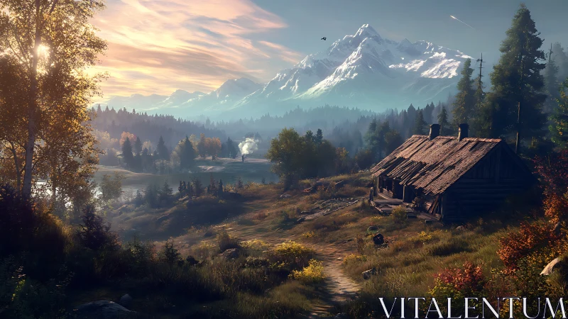 Wooden cabin in mountainous forest valley at sunrise.