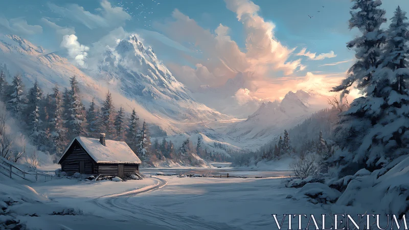 Snow covered cabin below distant mountains at sunrise.