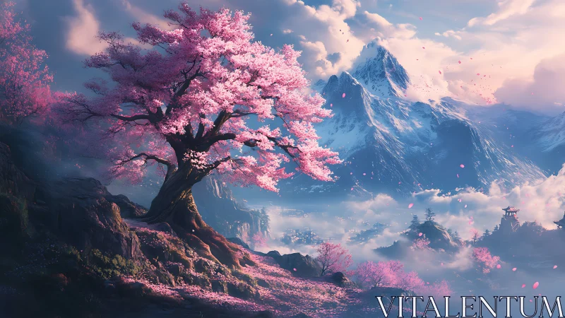 Dreamlike cherry blossom tree above misty mountain valley.