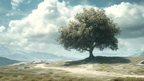 Solitary hilltop tree beneath roaming storybook clouds.