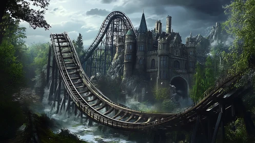 Gothic mountain castle with decayed roller coaster in misty forest