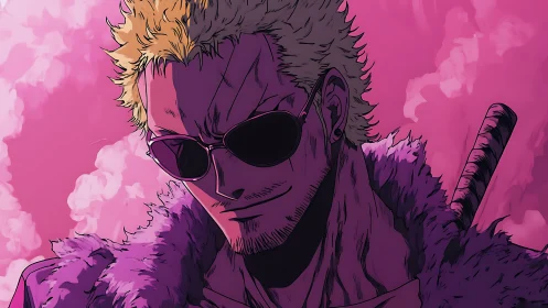 Blond anime villain in sunglasses stands under pink sky