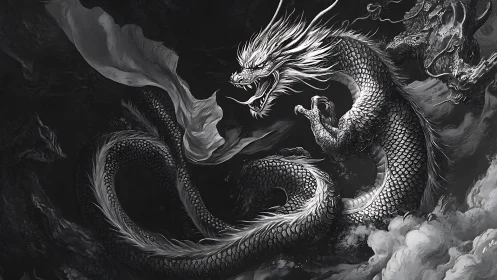 Monochrome serpentine dragon coiled in storm clouds.