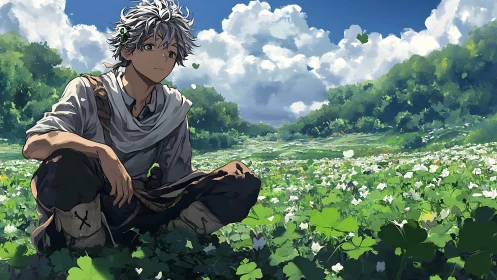 Pensive meadow wanderer resting in a sea of clover clouds.