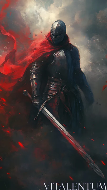 Armored knight with red cloak holding greatsword in smoke.