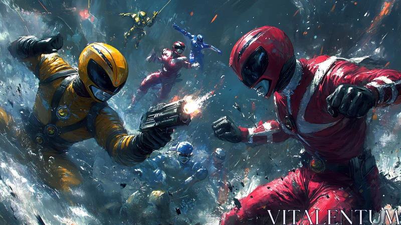 Armored color‑coded heroes clash in a storm of neon sparks