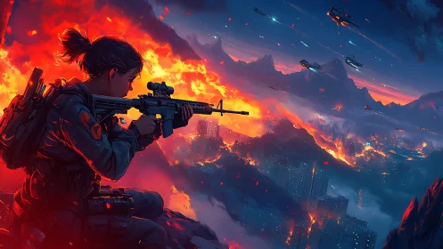 Sniper sentinel above a neon inferno of collapsing cityscapes.