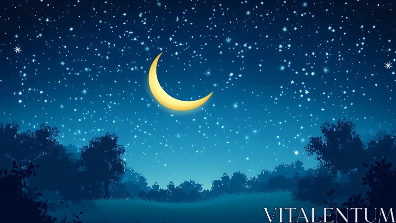Stylized crescent moon over silhouetted forest in gradient night sky