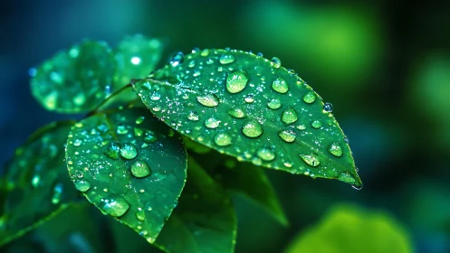 Morning dew glistens on lush green leaves in soft focus