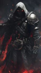 Hooded dark knight in ember-lit armor and smoldering cloak.