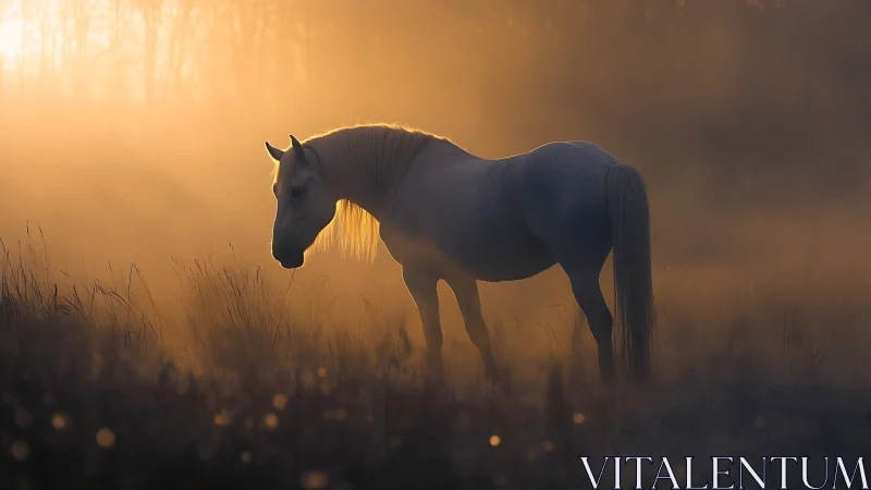 White horse stands in dense golden fog at sunrise