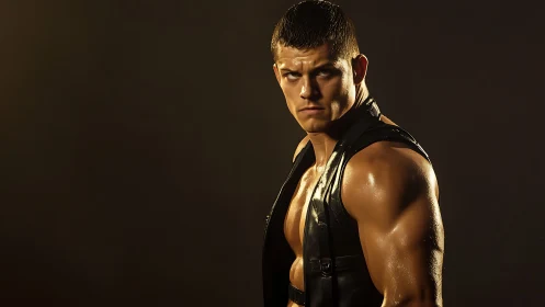 Muscular man in leather vest under directional studio light.