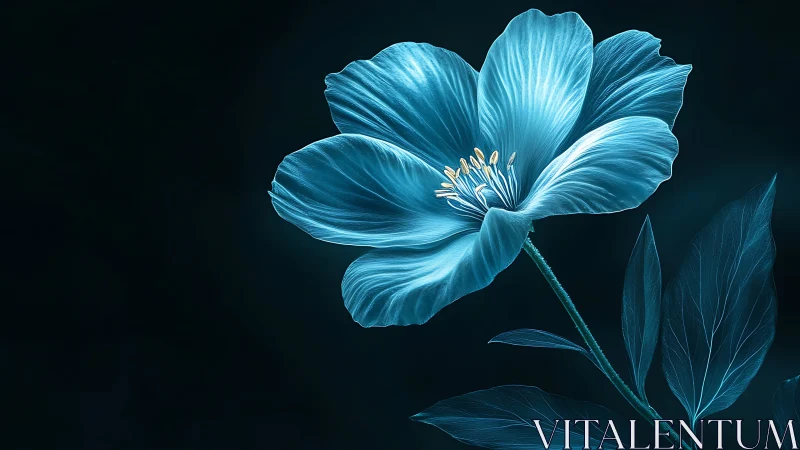 Luminous blue flower blooms against deep dark background.