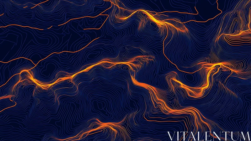 Luminous contour rivers tracing molten paths in midnight silence.