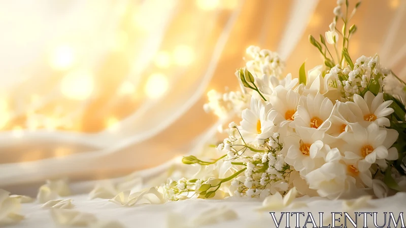 Soft white wedding flowers glowing in golden evening light.