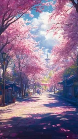 Cherry blossom street under clear spring daylight.