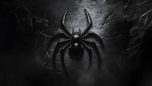 Black spider emblem on textured stone in moody light.