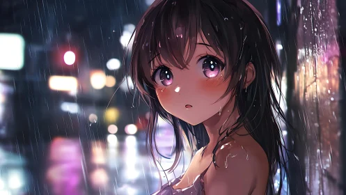 Rain-soaked anime girl in neon city nightscape portrait.