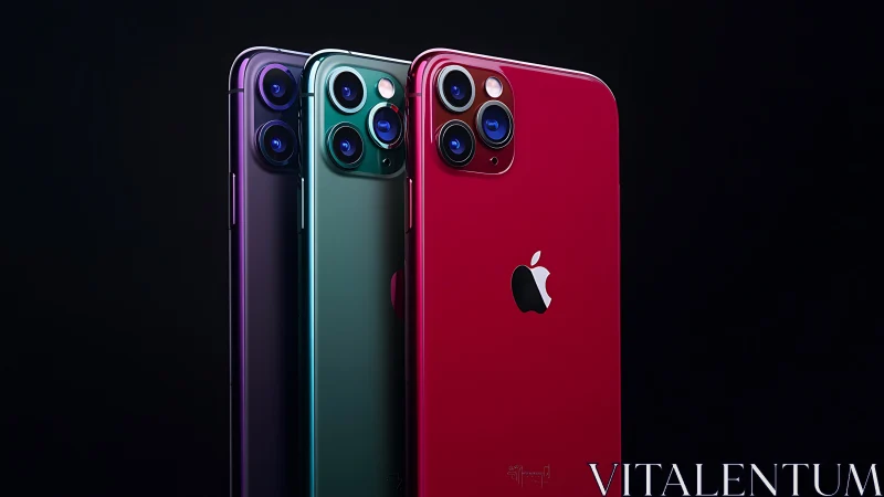 Row of multicolored smartphones with triple camera modules.