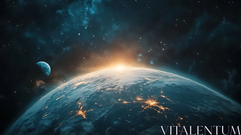 Orbital sunrise over illuminated Earth with distant moon horizon.