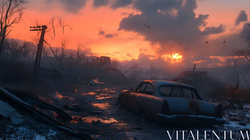 Ruined highway smolders beneath a feral nuclear sunset.