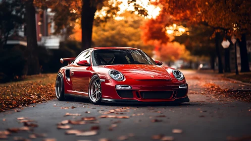Red sports coupe sits low on street among autumn foliage