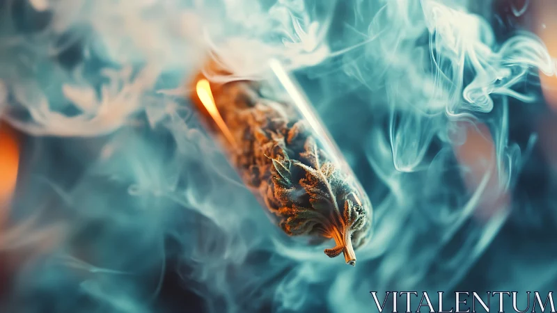 Ignited cannabis bud in macro close-up with dynamic swirling smoke
