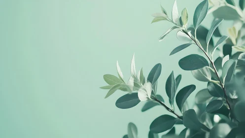 Minimalist green foliage branch on pastel background, soft focus style.