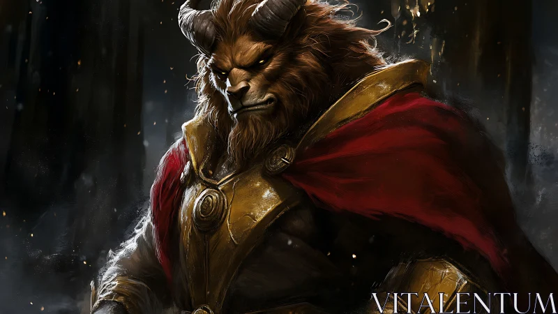 Armored lion warrior in red cloak against dark backdrop.