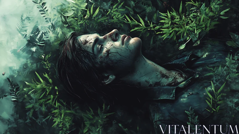 Wounded survivor lies among lush overgrown forest ferns.