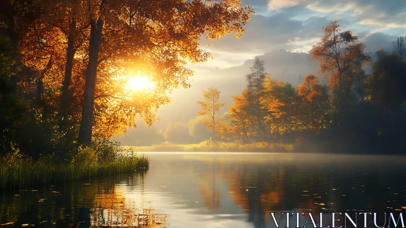 Golden autumn sunrise over tranquil reflective lake waters.