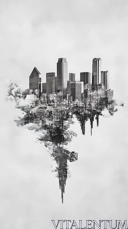 Monochrome mirrored city skyline forming a vertical pillar.