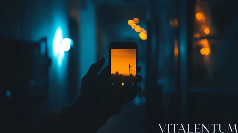 Hand holding smartphone displaying illuminated sunset with cross silhouette