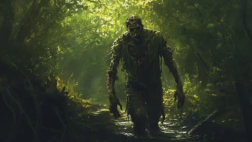 Rotting swamp creature stalks through eerie green forest light