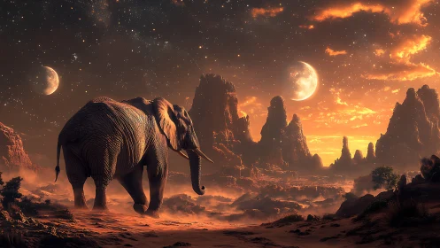 Digital painting of elephant crossing twin-moon desert valley.