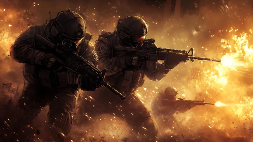 Tactical assault team advances through incendiary blast field under fire