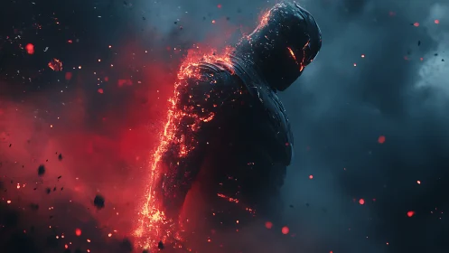 Molten armored warrior emerges from burning storm clouds.