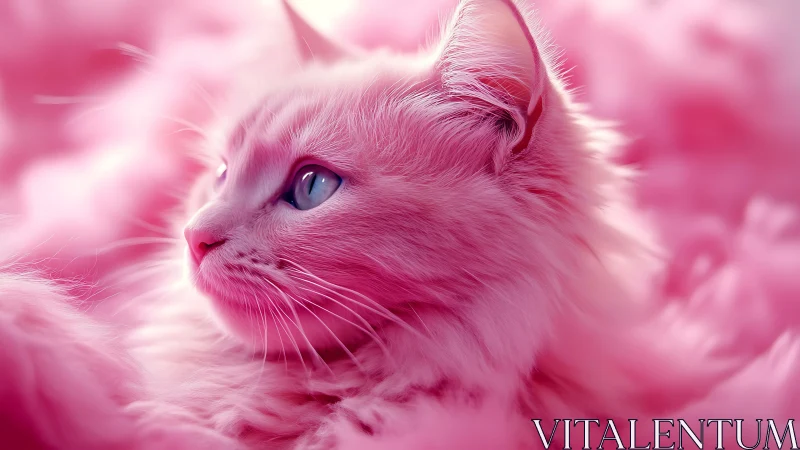 Pink Feline with Luminous Blue Eyes in Ethereal Chromatic Field.