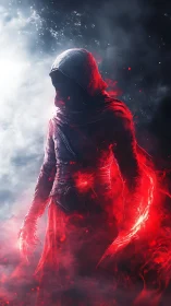 Hooded fire mage emerges through swirling crimson smoke.
