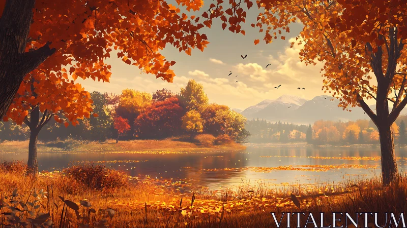 Autumnal lacustrine panorama with stratified chromatic foliage.