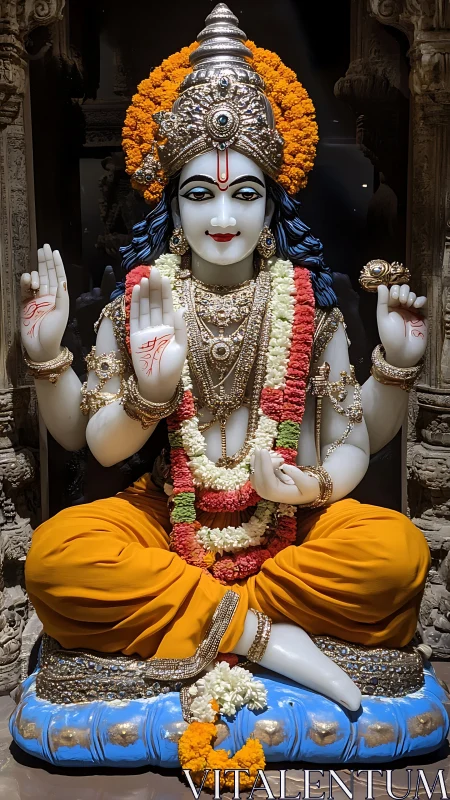 Serene Hindu deity idol radiates devotion in temple glow
