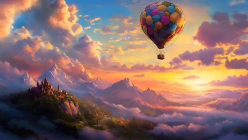 Colorful hot air balloon over fantasy mountain kingdom.